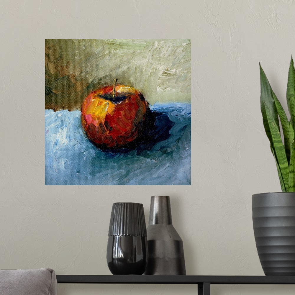 A modern room featuring Contemporary still-life painting of fruit on a table.