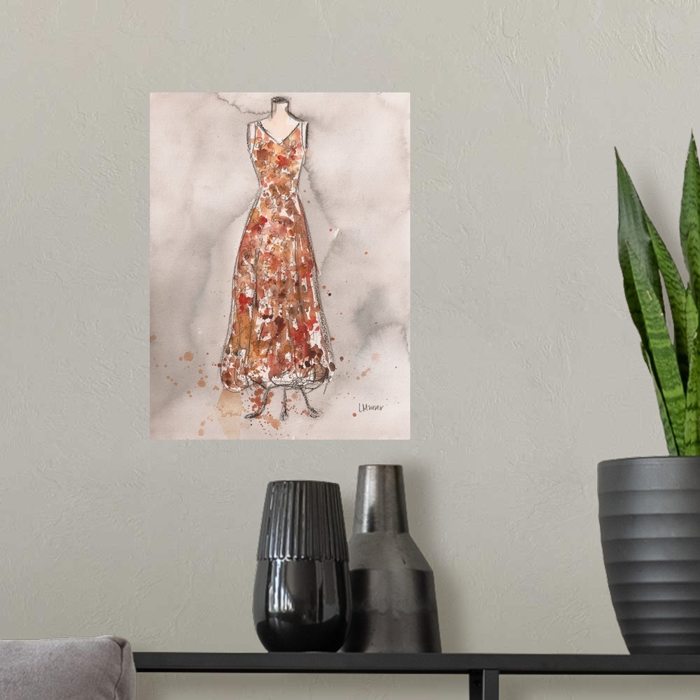 A modern room featuring Watercolor painting of a floral patterned dress on a dress form.