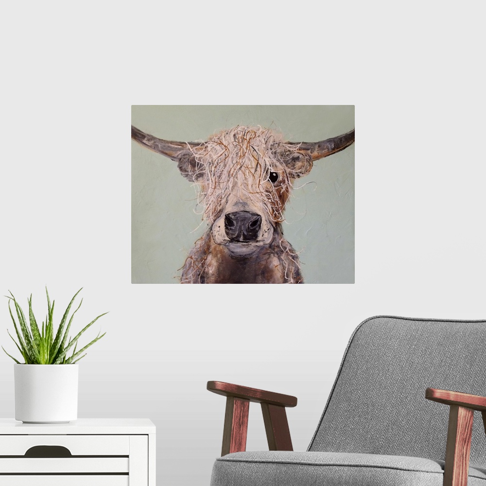 A modern room featuring Portrait of a cow with shaggy hair and long horns.
