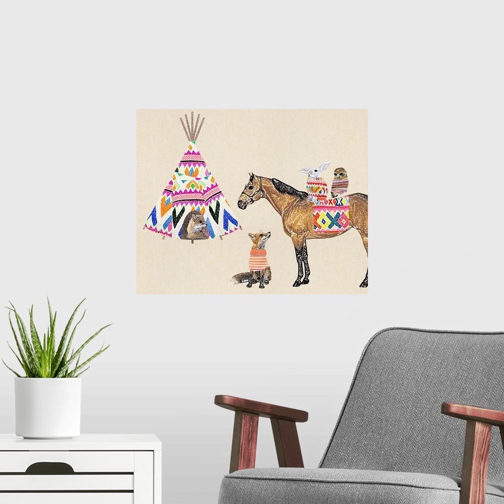 A modern room featuring Illustration of woodland creatures wearing sweaters with a tepee and horse on a linen background.