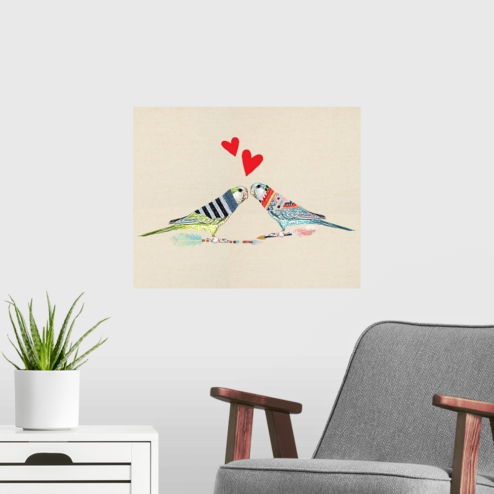 A modern room featuring Illustration of two birds perched on arrows, wearing sweaters and red hearts above them on a line...