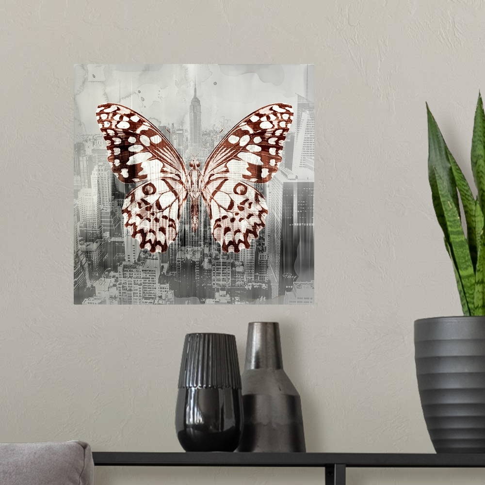 A modern room featuring Creative artwork of a white and brown butterfly over a faded aerial cityscape image of New York i...