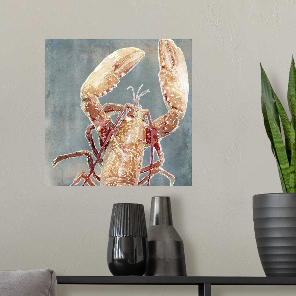 A modern room featuring Watercolor painting of a lobster with large claws.