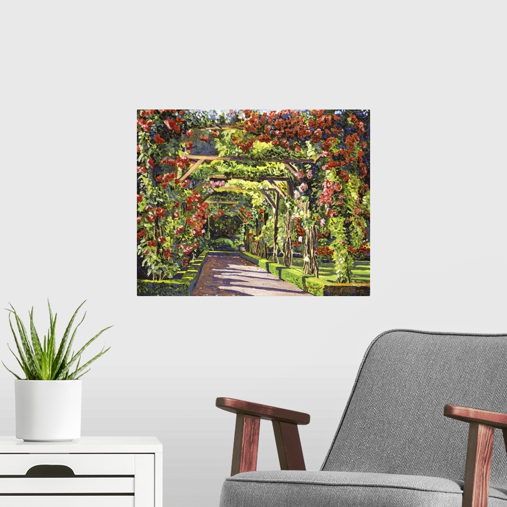 A modern room featuring Painting of a pathway covered by trellises with blooming roses.