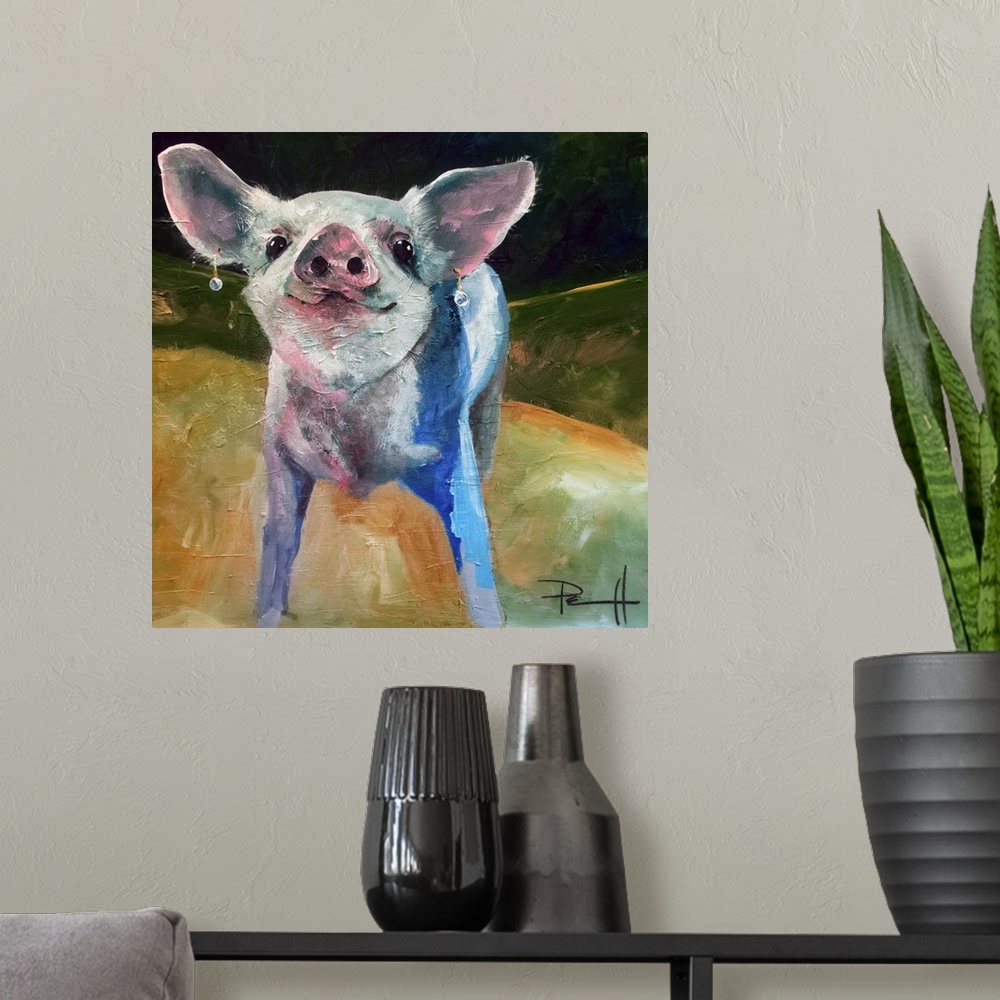 A modern room featuring Cute painting of a piglet wearing pearl earrings.