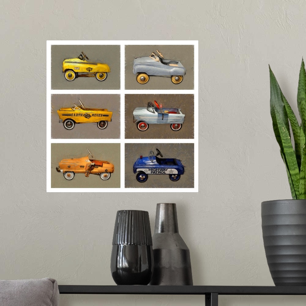 A modern room featuring Contemporary artwork of a group of retro children's pedal cars.