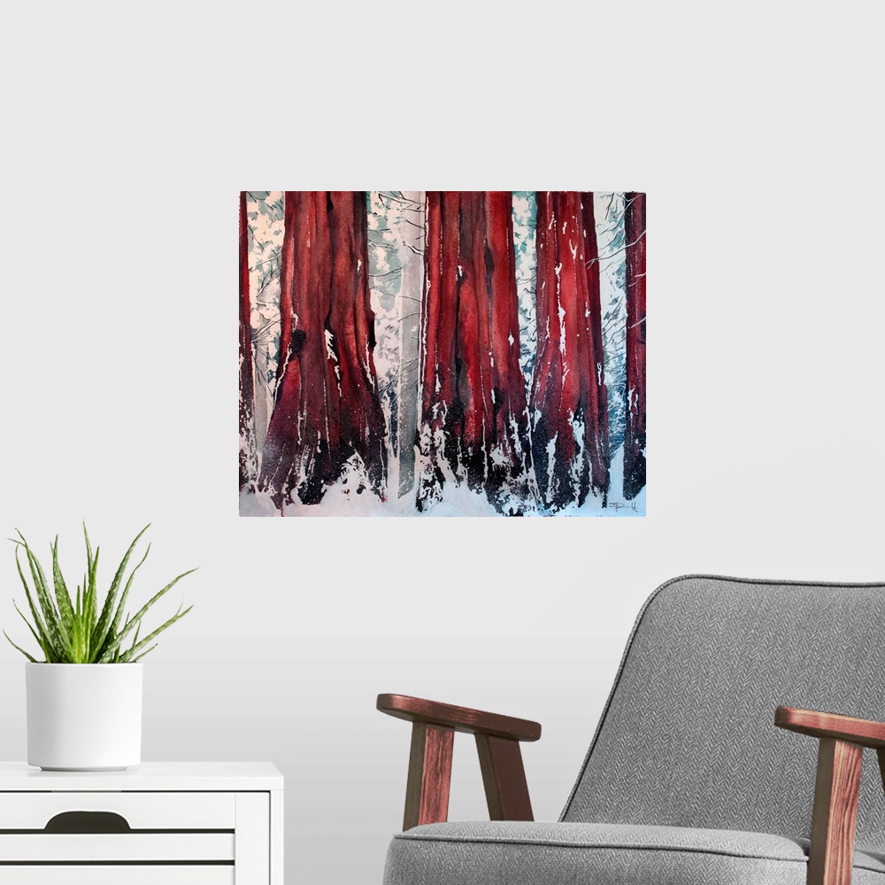 A modern room featuring Painting of a forest of tall sequoia trees in the winter.