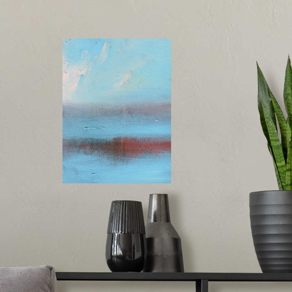 A modern room featuring Abstract painting in shades of red and blue, resembling clouds in the sky.