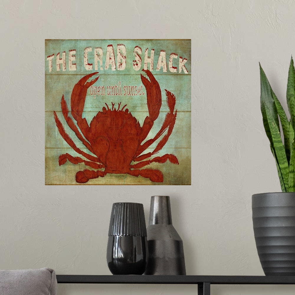 A modern room featuring Sign for fresh seafood with a weathered wooden appearance.