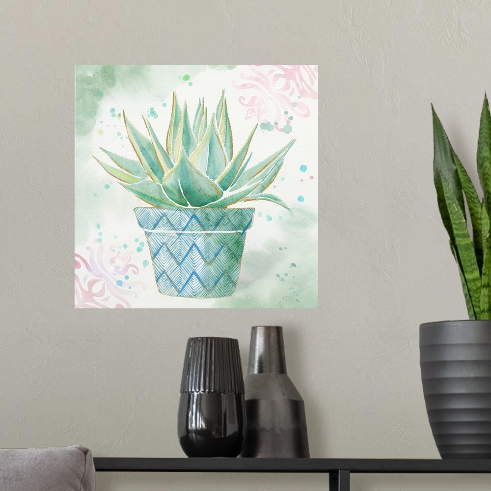 A modern room featuring A watercolor painting of a cactus in a colorful patterned flowerpot with gold accents.