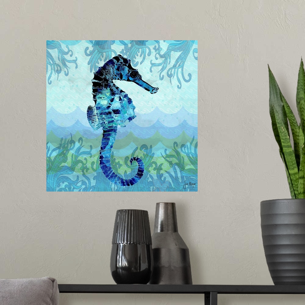 A modern room featuring A blue watercolor seahorse.