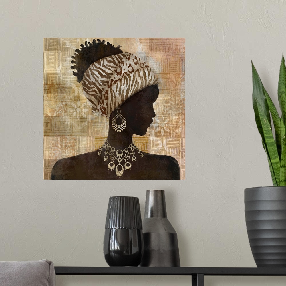 A modern room featuring A decorative image of a fashionable woman on a floral neutral background.