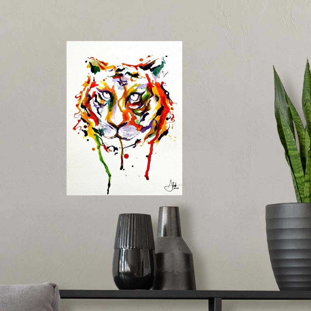 A modern room featuring Watercolor and ink painting of the face of a tiger with a piercing gaze.