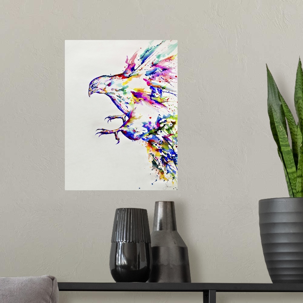 A modern room featuring Watercolor and ink painting of a colorful bird in flight.