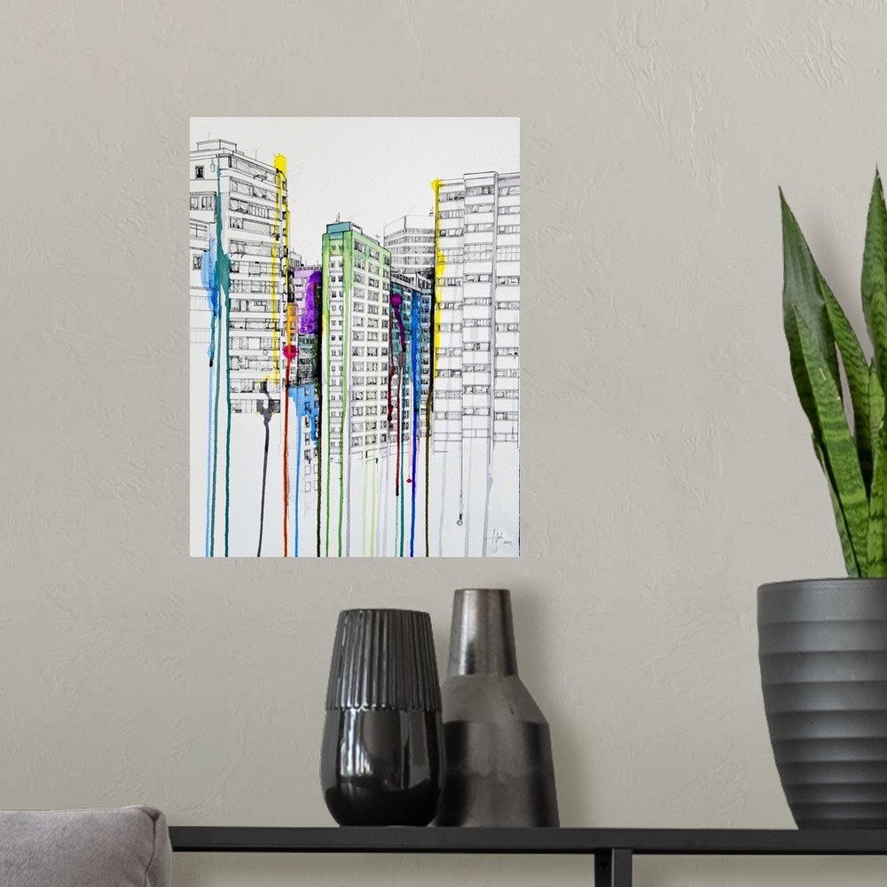 A modern room featuring Watercolor and ink painting of several tall buildings in a city with small splashes of color.