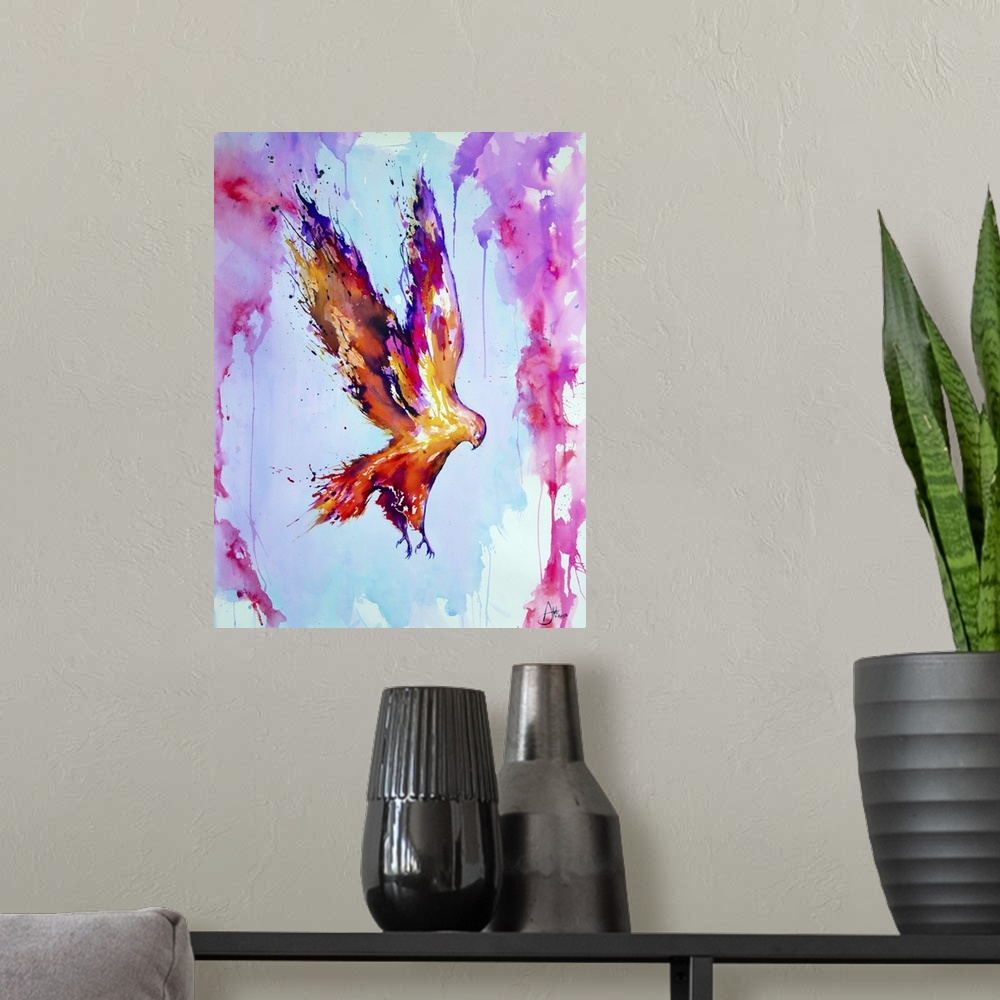 A modern room featuring Watercolor and ink painting of a glowing orange bird in flight.