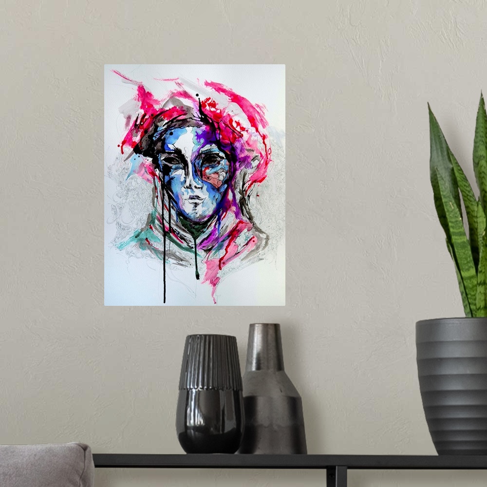 A modern room featuring Watercolor and ink painting of a person wearing a masquerade mask.