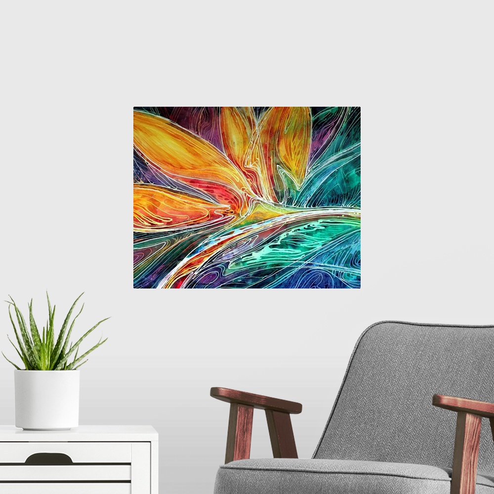 A modern room featuring Contemporary painting with an abstract design and batik style in blue, green, purple, orange, yel...