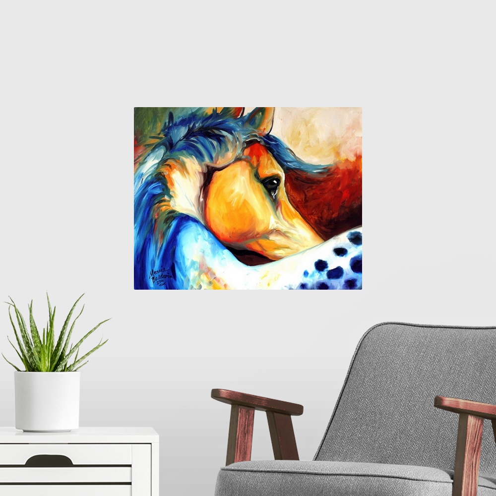 A modern room featuring Contemporary painting of a colorful curved Appaloosa horse.