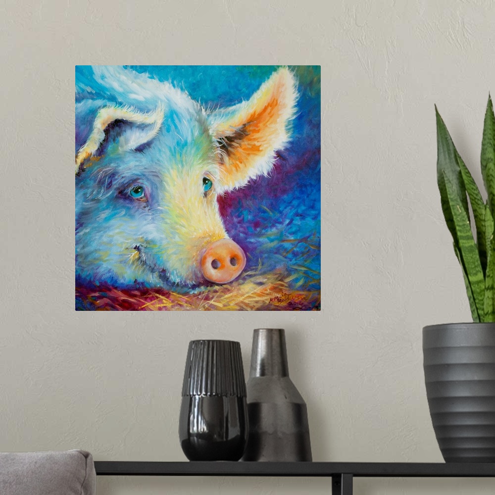 A modern room featuring Square painting of a cute pig with both cool and warm tones, laying down on straw.