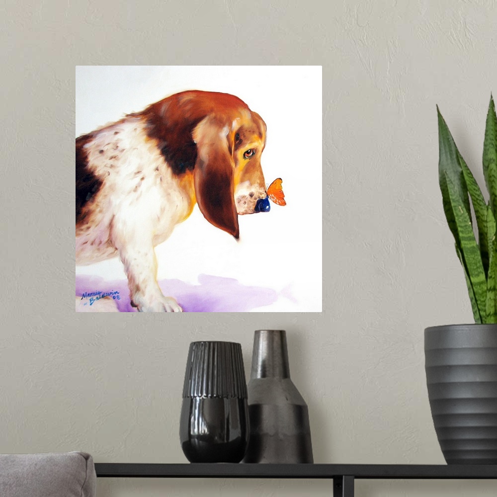 A modern room featuring Square painting of a basset hound with an orange butterfly on its nose.