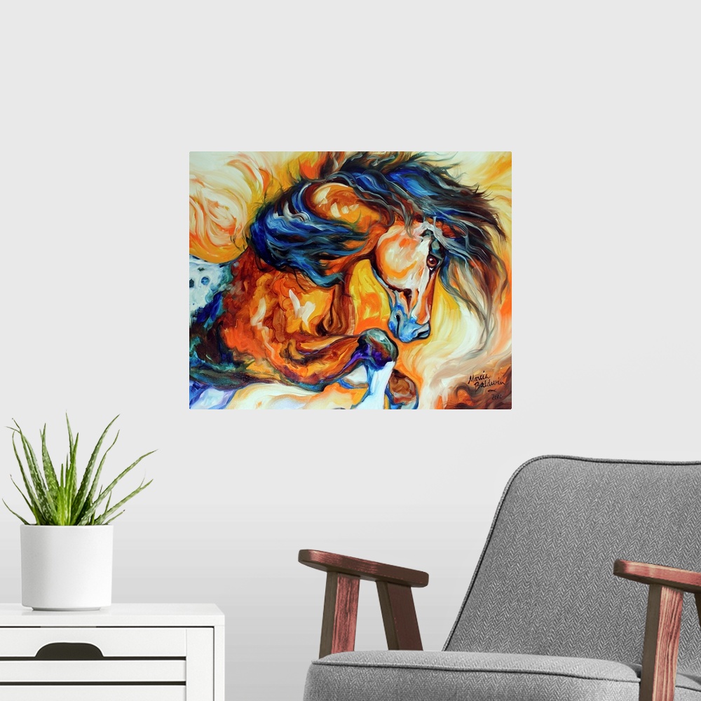 A modern room featuring Contemporary abstract painting of a horse in action made with both warm and cool tones .