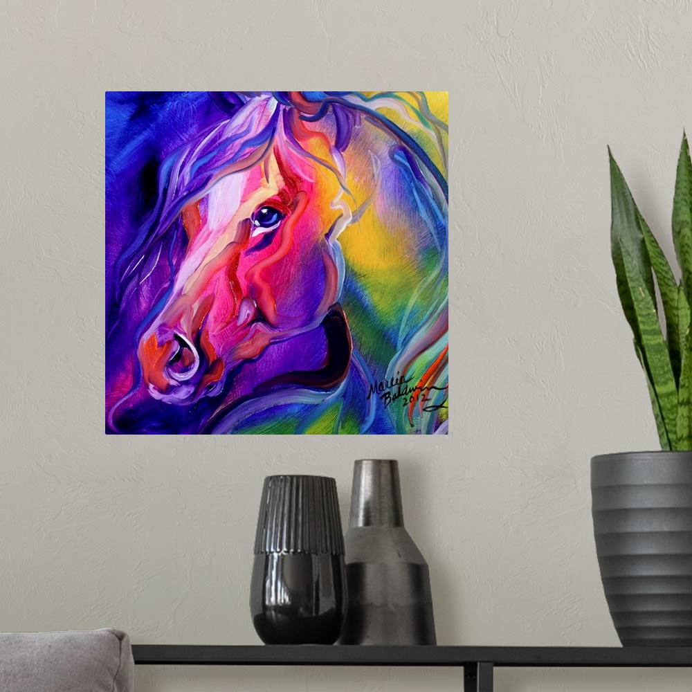 A modern room featuring Contemporary square painting of a vibrant, colorful horse created with abstract brushstrokes.