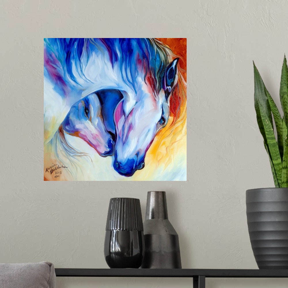 A modern room featuring Contemporary painting of two cool toned horses with their heads coming together on a warm orange ...