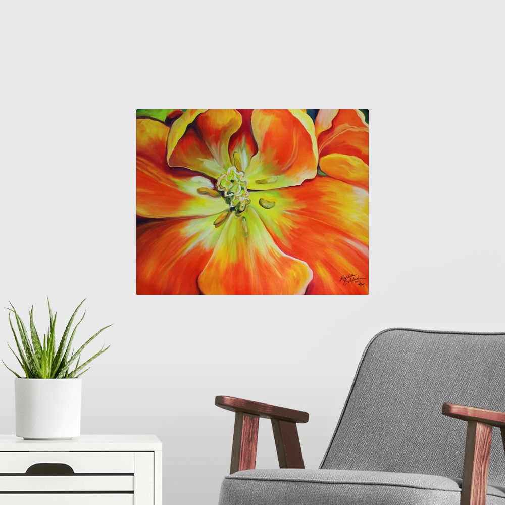 A modern room featuring Close-up painting of an orange and yellow tulip with a green background.