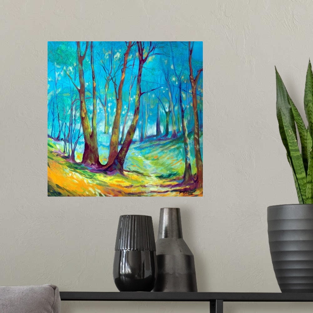 A modern room featuring Painting of a mystical wooded walking path with a misty haze and distant wanderings on a square b...