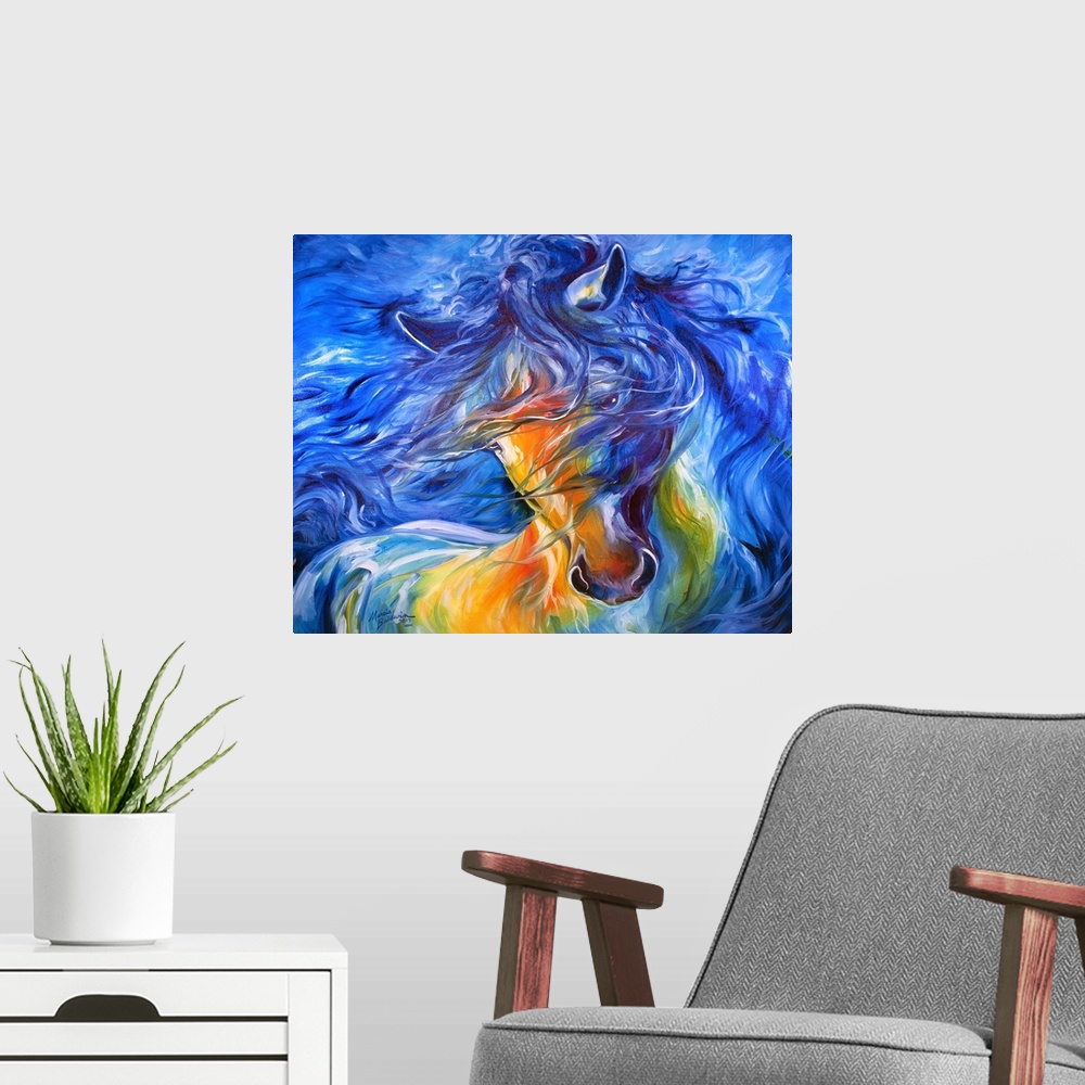 A modern room featuring Equine Abstract of a Friesian horse with blue, yellow, orange, and green tones.