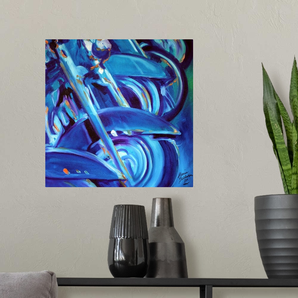 A modern room featuring Square abstract painting in a monochromatic color scheme of motorcycles lined up in a row.