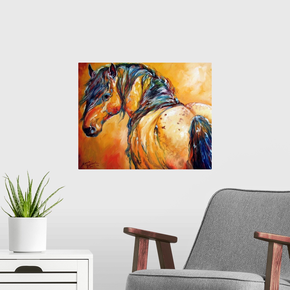 A modern room featuring Contemporary painting of horse in warm orange, yellow, and red tones with cool colors in its mane.