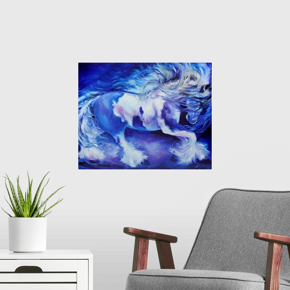 A modern room featuring Contemporary painting of a horse in action in cool blue, purple, gray, and white hues.