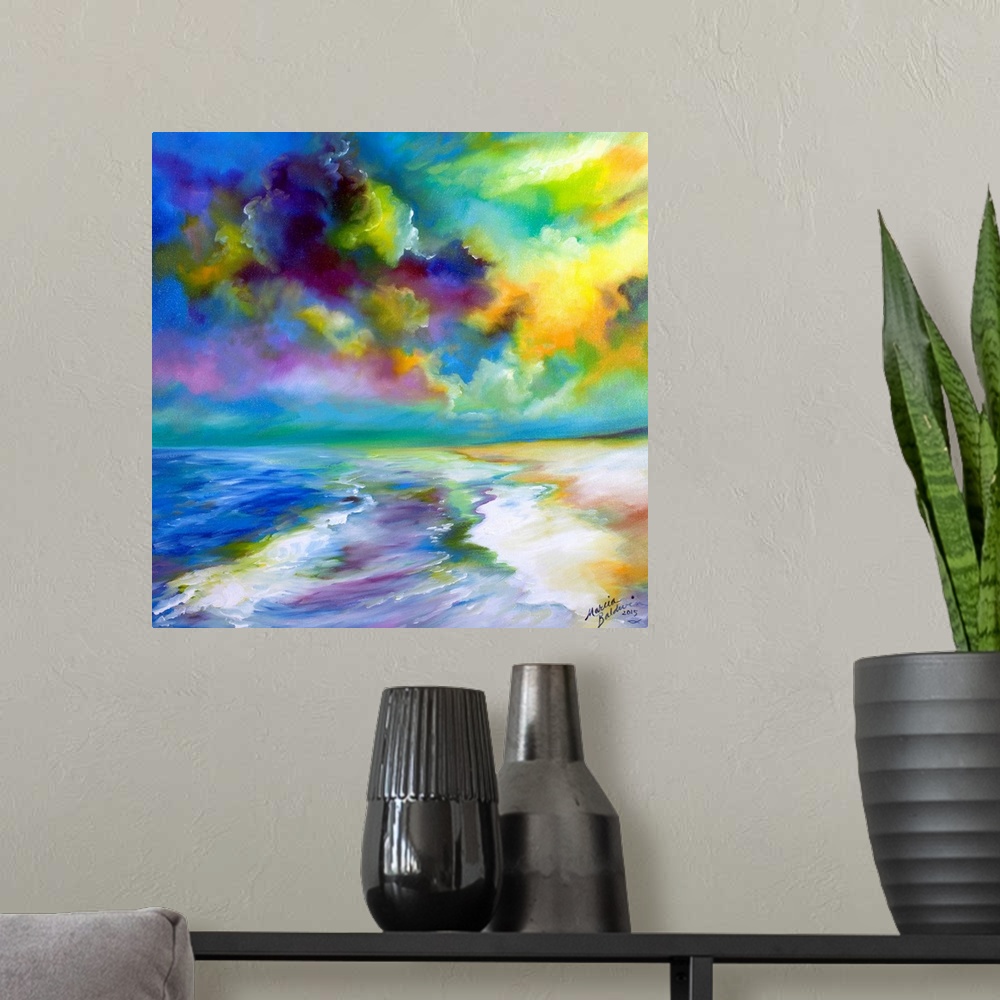 A modern room featuring Vibrant painting of the ocean and a dramatic, cloudy sky in blue, green, purple, yellow, and whit...
