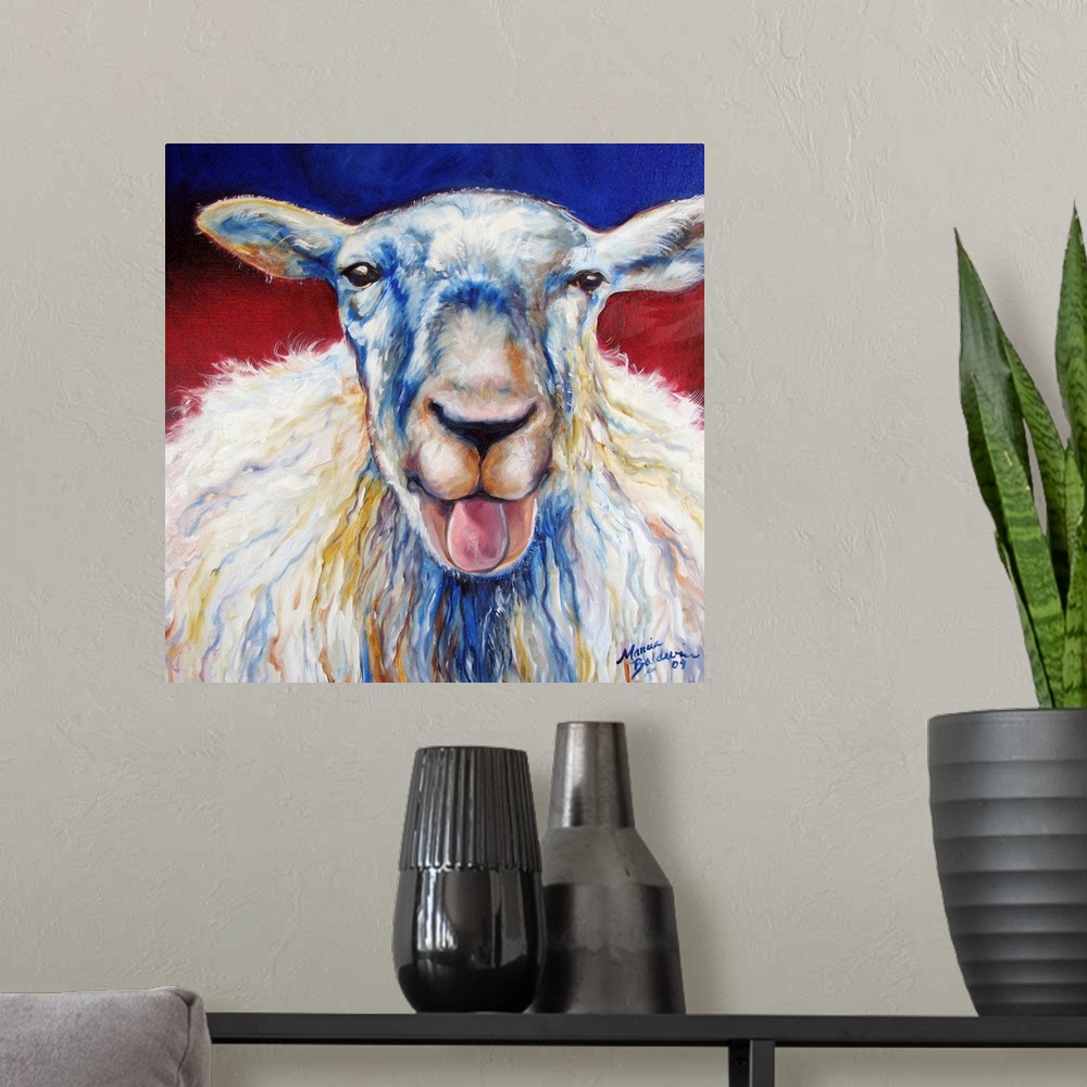 A modern room featuring Square painting of a sheep with its mouth open and tongue sticking out and a red and blue backgro...