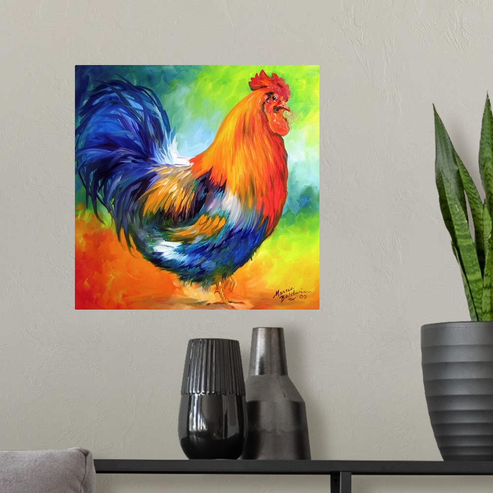 A modern room featuring Square painting of a red, orange, and blue rooster on a colorful background.
