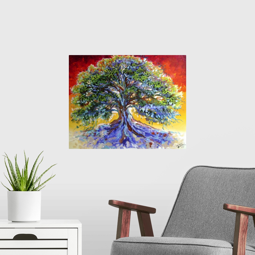 A modern room featuring This old oak tree is captured on canvas with a crimson sky and bold colorful shadows cast from th...