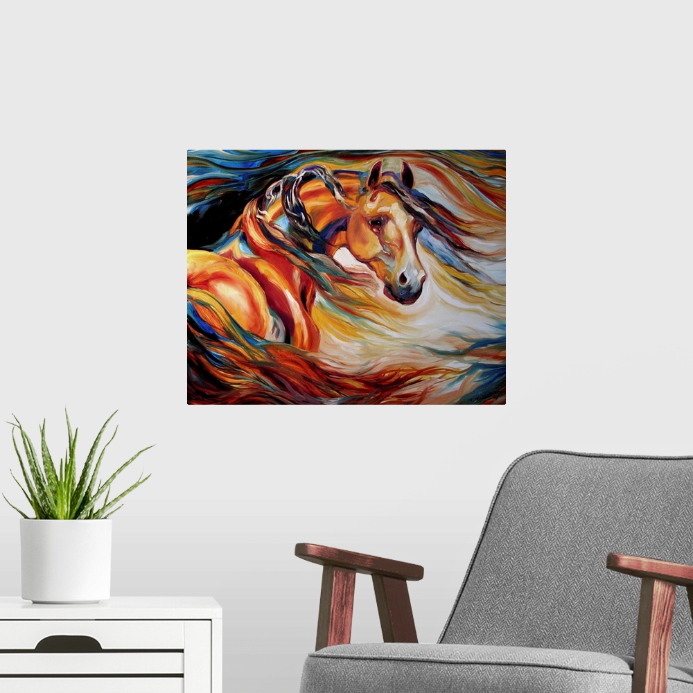 A modern room featuring Abstract painting of a horse created with colorful, wavy brushstrokes.
