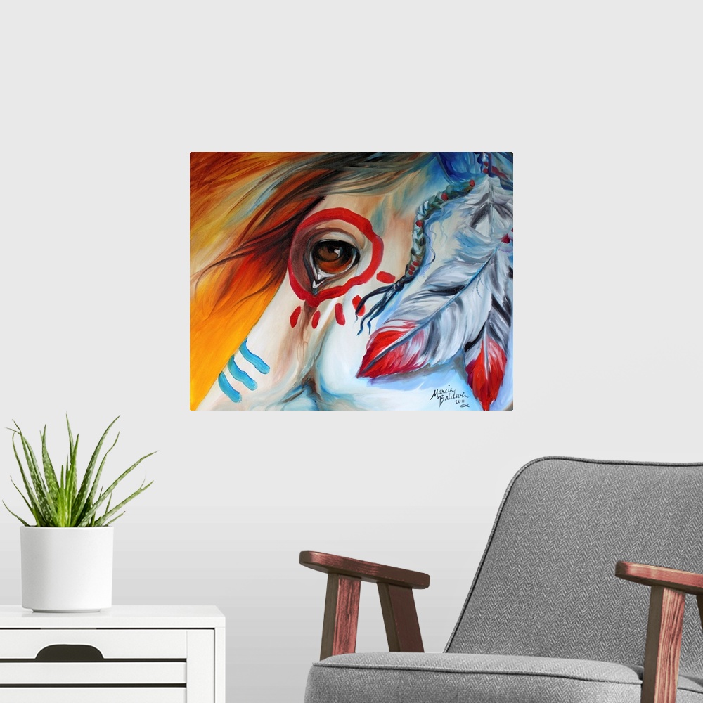 A modern room featuring Contemporary painting of a horse close-up with Indian war paint and feathers and the emotions dep...