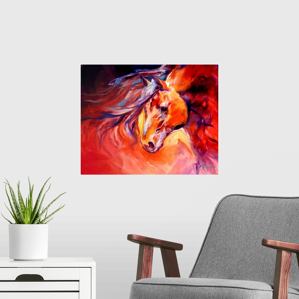 A modern room featuring Equine abstract with bold color and a bold composition.