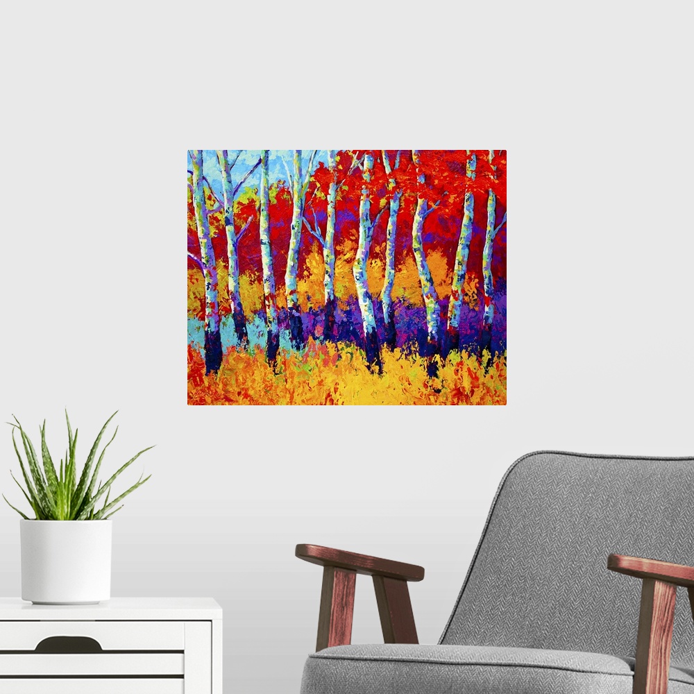 A modern room featuring Large abstractly painted canvas print of a line of trees with fall foliage in the background.