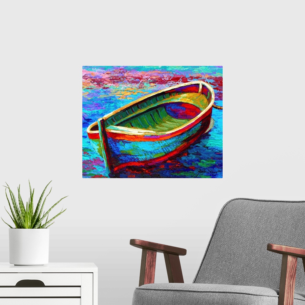A modern room featuring Big canvas painting of a boat floating in water represented by a lot of different colors.