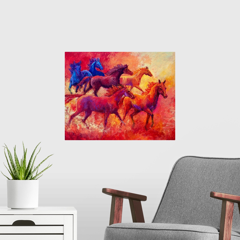 A modern room featuring Landscape, large contemporary painting of a group of six horses running together in the same dire...