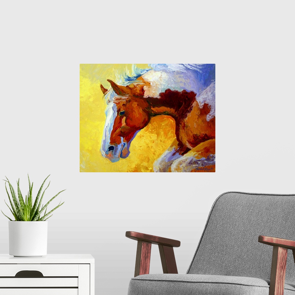 A modern room featuring A brightly colored contemporary painting of a charging Paint stallion, his neck arched as he gall...