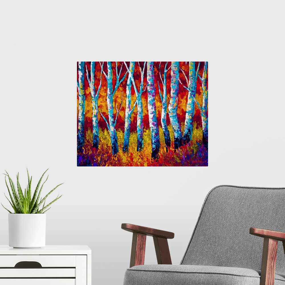 A modern room featuring Colorful bright contemporary painting of trees in a forest with undergrowth.