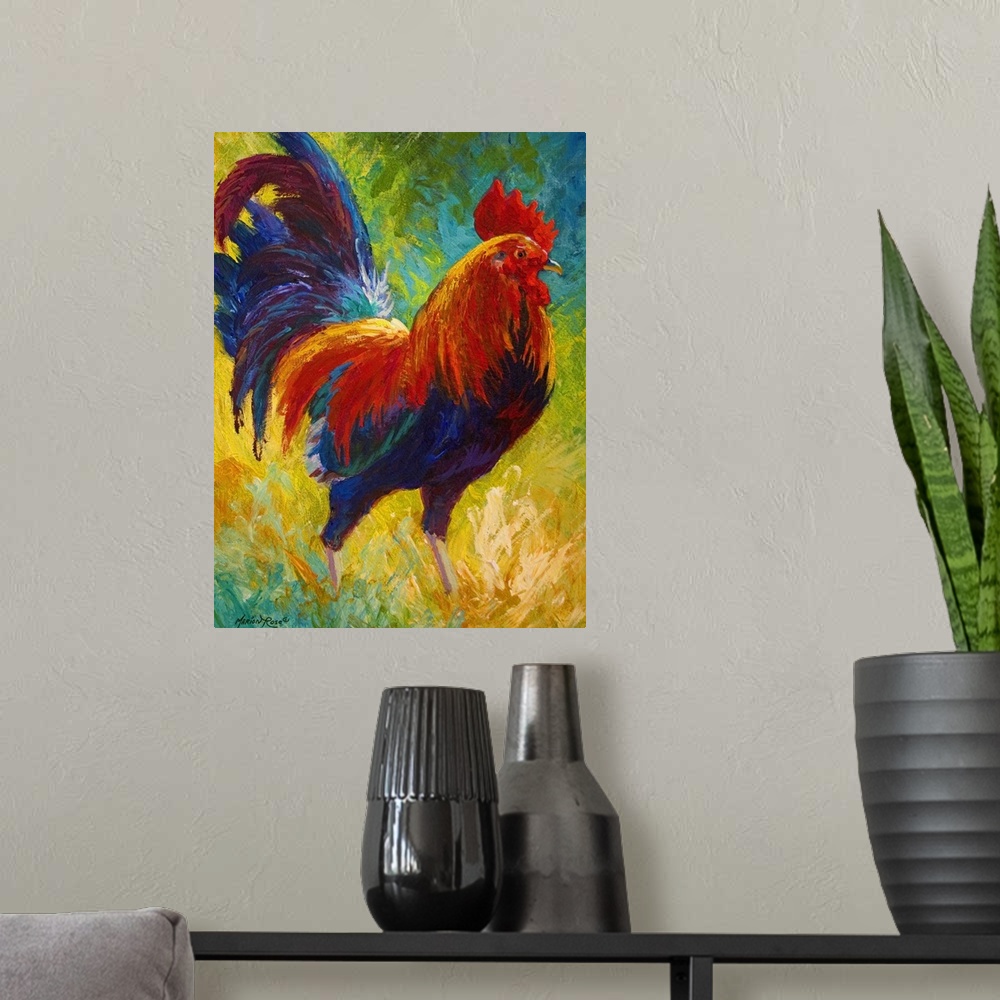 A modern room featuring Hot Shot Rooster