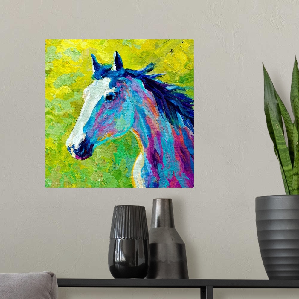 A modern room featuring A contemporary painting of a horse done in vivid, unconventional colors. The stallion's mane is w...