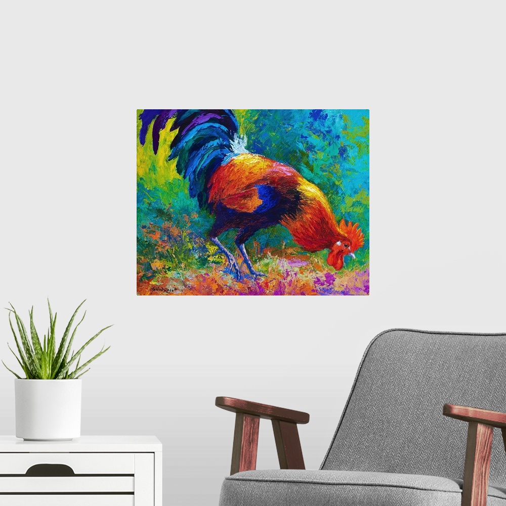 A modern room featuring Painting of a vividly colored rooster foraging on the ground.