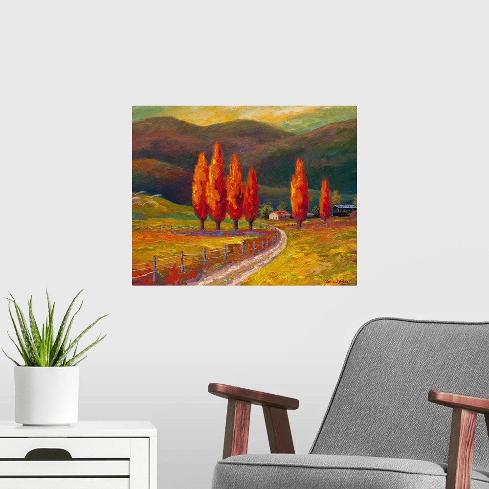 A modern room featuring This decorative accent is a contemporary painting of a dirt road through a farmland to a farmhouse.